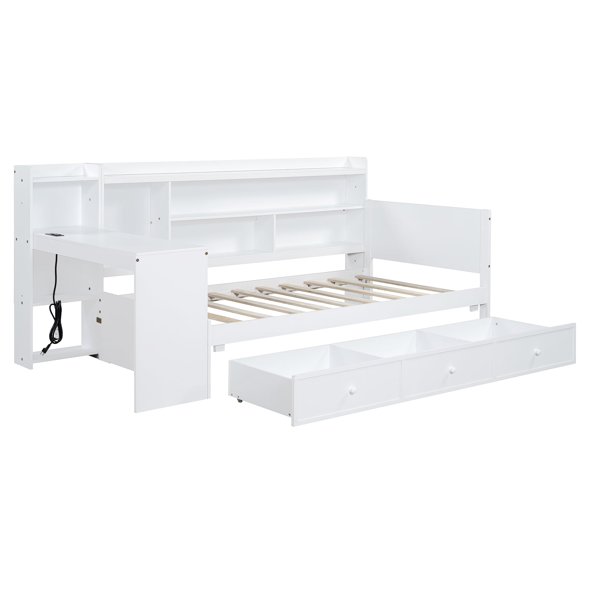 Mintazer Twin Platform Bed with Desk & Charging Ports, Wooden Bed Frame with Storage Shelves & 3 Drawers for Bedroom Playroom Guest Room, White