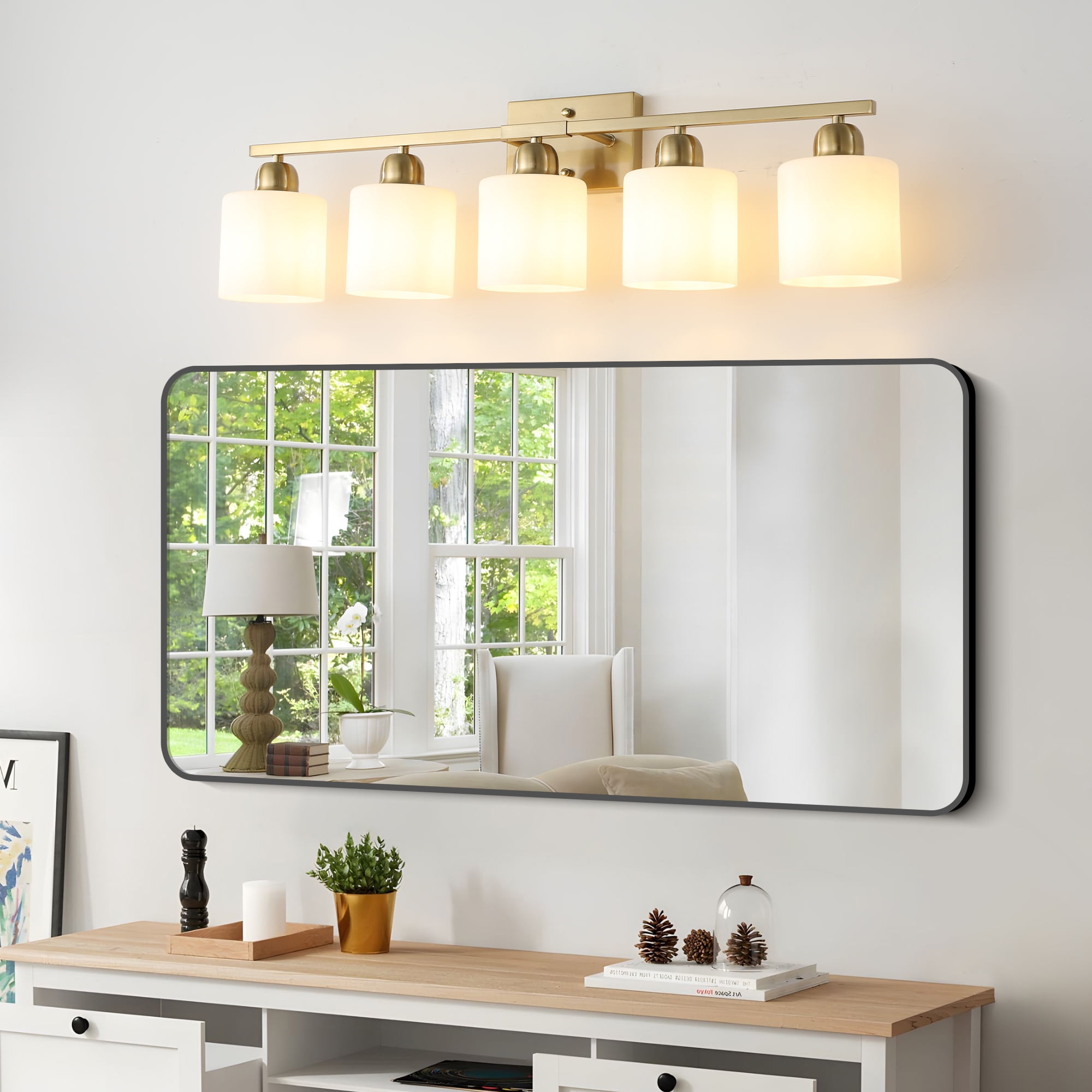 Jopath 5-Light Modern Vanity Light Over Mirror, Wall Sconces with Milky White Frosted Glass Shades for Bathroom, Hallway, or Bedroom Gold (Bulbs Not Included)