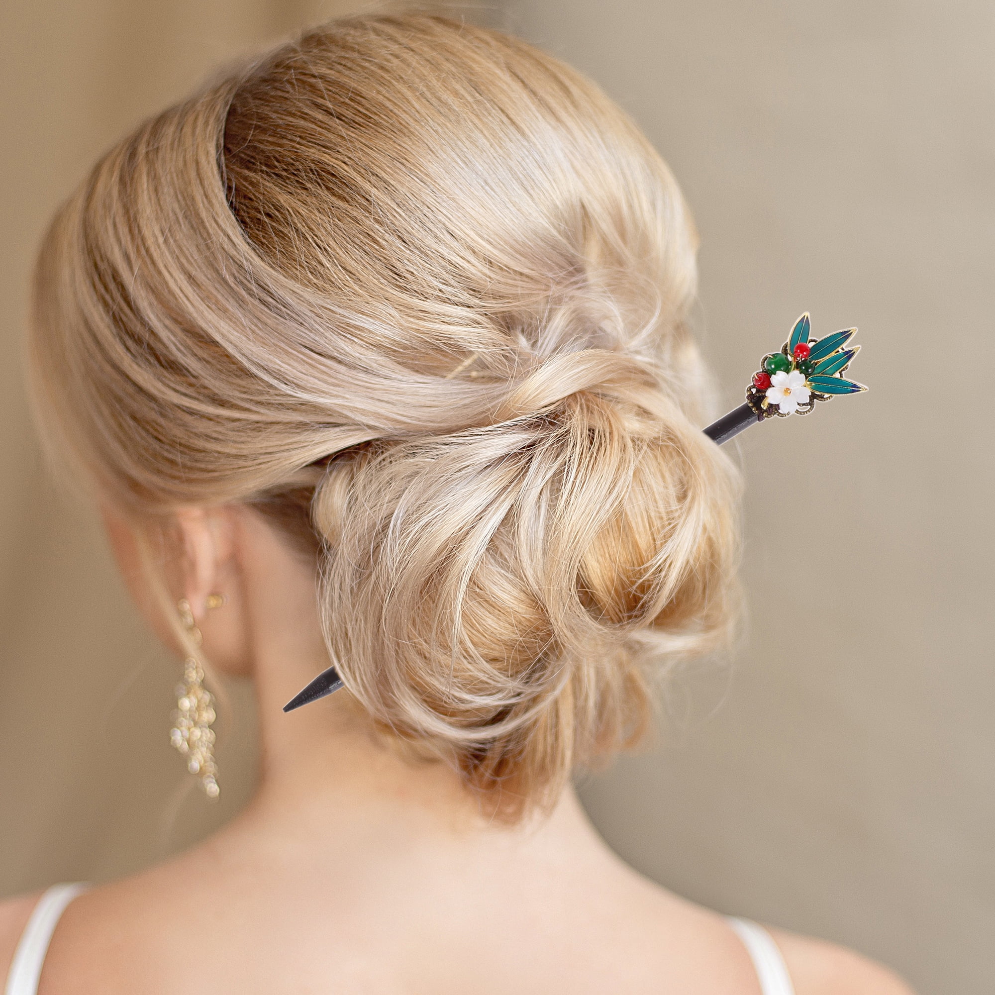 Unique Bargains Hair Chopstick 1 Pc Black, Pink, Green [Leaves Gardenia]