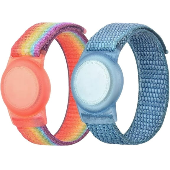 Kids Wristband Compatible with Apple AirTag, Protective Case for Air Tag GPS Tracker Holder with Nylon Bracelet, Adjustable Anti Lost Watch Band for Toddler Child Elder(RainbowB&Blue)