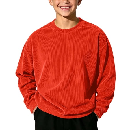 Fnooota Boys Sweatshirts Spring Fall Casual Corduroy Crew Neck Long Sleeve Tops Red Size 13-14 T