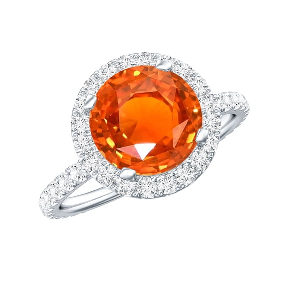 Rosec Jewels Created Orange Sapphire Ring with Diamond Halo for Women - AAAA Grade, 925 Sterling Silver, US 4.00