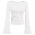 thumbnail image 3 of Women's Long Sleeve Shirts Crop Tops Boat Neck Bell Sleeve Ribbed Ruched Shirt (WH1 S), 3 of 3