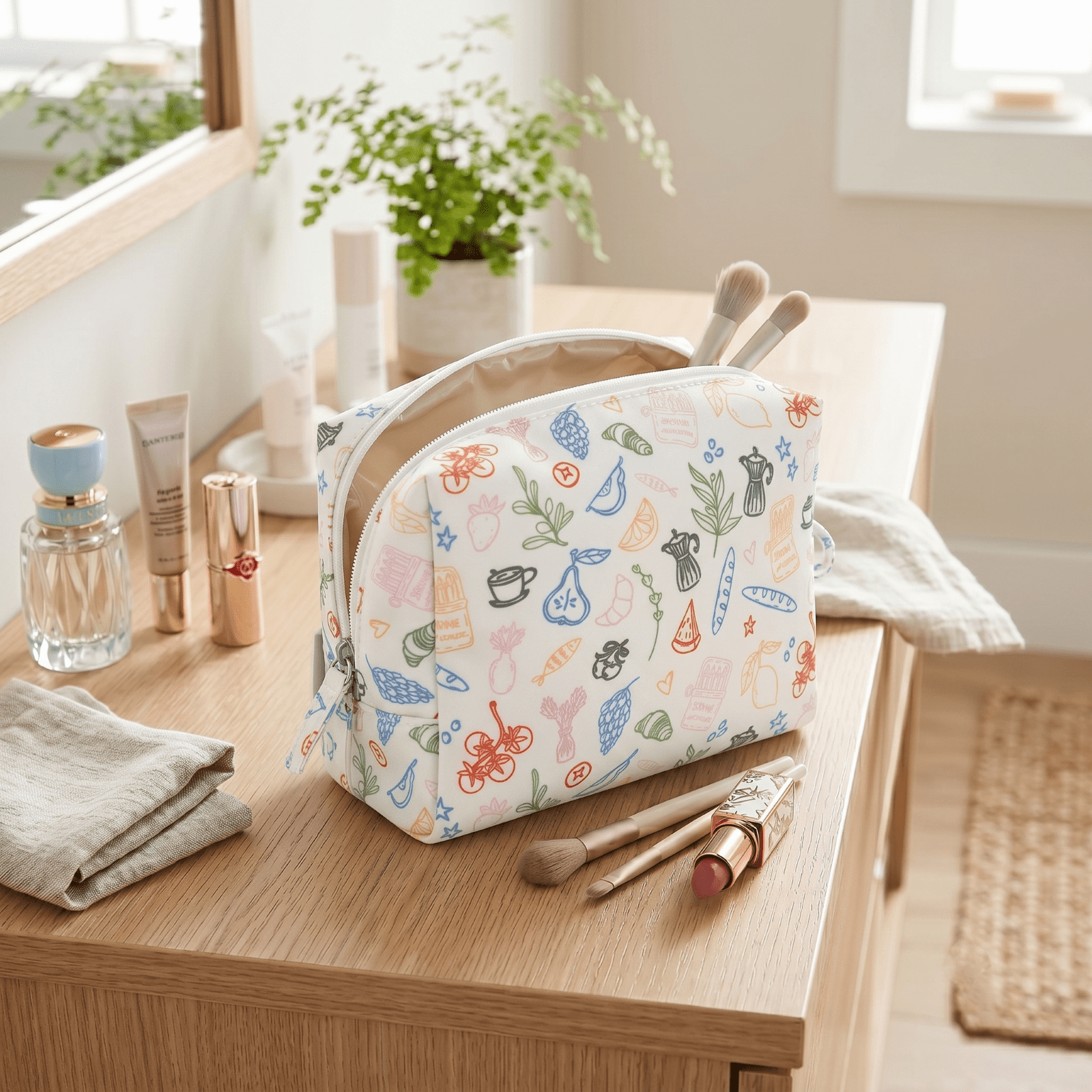 packlab Travel Makeup & Toiletry Cosmetic Bag, Cafe Doodle Organizer Pouch