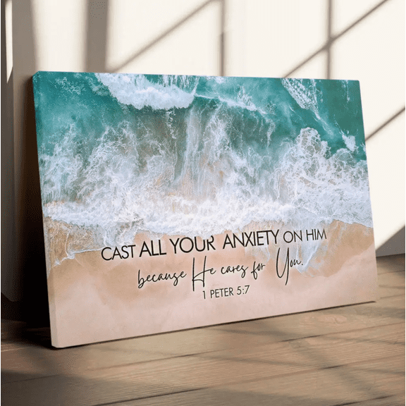 1 Peter 5:7 Bible Verse Ocean Waves Christian Canvas Wall Art, Scripture Print, Inspirational Religious Wall Decor Gift