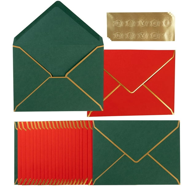 Paquete de 100 sobres navideños, tamaño A7, verde y rojo con borde dorado