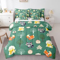 Manfei Raccoon Fox Hedgehog 7 Pieces Bedding Comforter Set,Cute Zoo Animal Full Bedding Set,Jungle Wlidlife Fitted Sheet Flat Sheet For Kids,Luxury Bedroom Decor Reversible