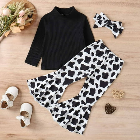

uublik Toddler Girls Clothes Sets Fashion Crew Neck Long Sleeve Cow Print Trousers Headband Three Piece Set