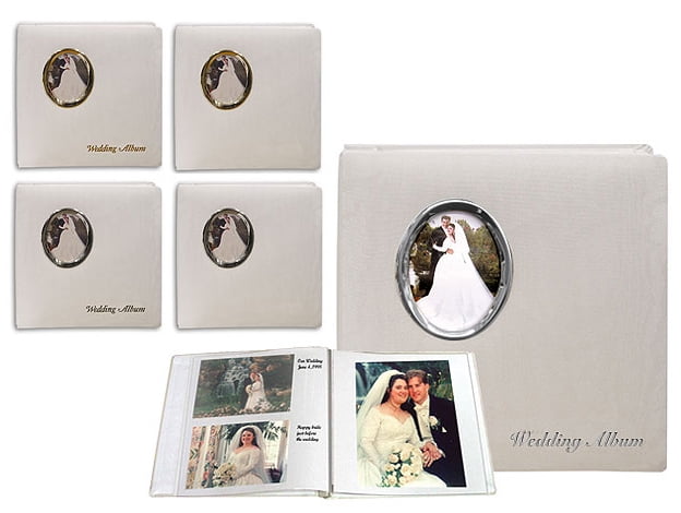 Ivory Pioneer Photo Albums 100-Pocket Moire Cover Album with Silvertone Oval Frame and Wedding Album Text for 4 by 6-Inch Prints 