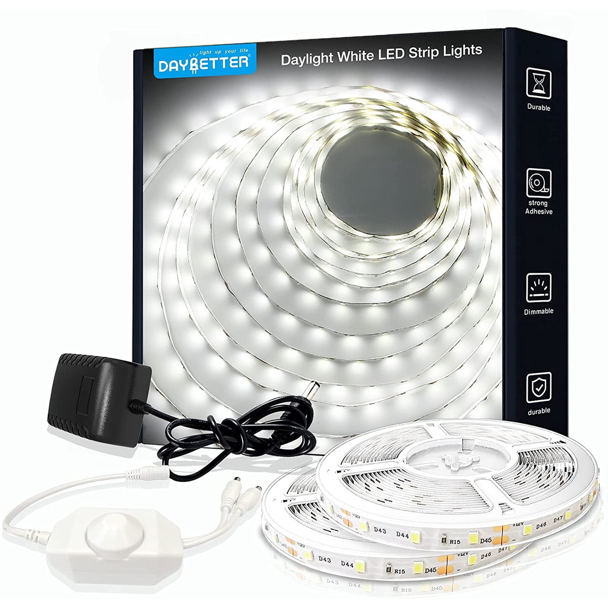 DAYBETTER White LED Strip Light, 40ft Dimmable Bright, 6500K 24V 720 LEDs 2835 Tape Lights for Bedroom, Kitchen