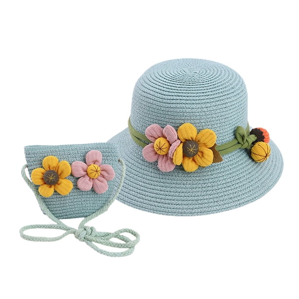 Sombrero de paja con flores para mujer, conjunto de bolsa de paja, aleros grandes, sombrilla para exteriores, protección solar, circunferencia de 56-58 cm