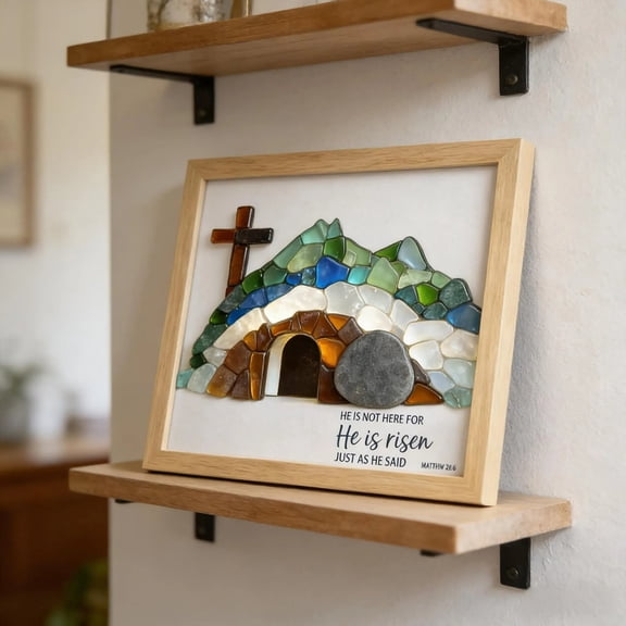 Sea Glass Empty Tomb Resurrection Wall Art - Handmade Coastal Style Wall Decoration, Religious Themed Home Decor, Living Room, Bedroom, Church, Office Entryway, Unique Gift Faith Enthusiasts, 1pc