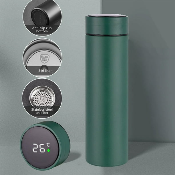 Taza térmica portátil de acero inoxidable 316 de 500 ml con pantalla inteligente de temperatura y colador para té. Color verde, ideal para la oficina y viajes (1 unidad). Rkxzt