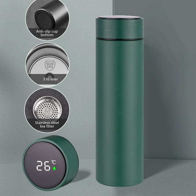 MORESEC under $5 Insulated Water Bottle500ml 316 Stainless Steel Intelligent Temperature Display Bottle Cup, Smart Lid Shows Real Time Liquid Heat, Portable with Tea Strainer and Anti Slip Base