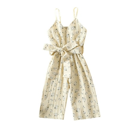

Nokpsedcb Little Girls Belted Jumpsuit Toddlers Sweet Style Flower Printing V-neck Sleeveless Wide Leg Trousers Long Suspender Pants Beige 4-5 Years