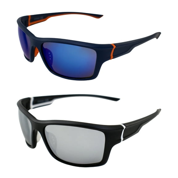 AlterImage Tussle Wraparound Sports & Motorcycle Retro Sunglasses for Men or Women 2 Pair Blue & Black Frames w/ Coinjected Rubber Temples G-Tech Blue & Flash Mirror Lenses