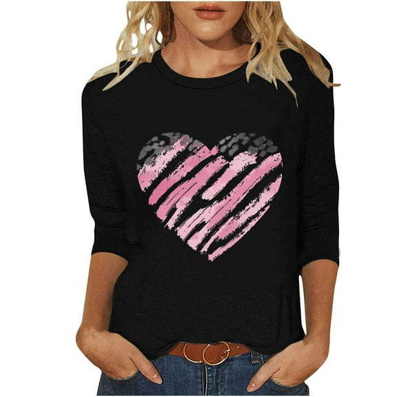 Women's Casual 3/4 Sleeve T-Shirts Plus Size Cute Leopard Heart Graphic Tunic Tops Trendy Tee Shirt