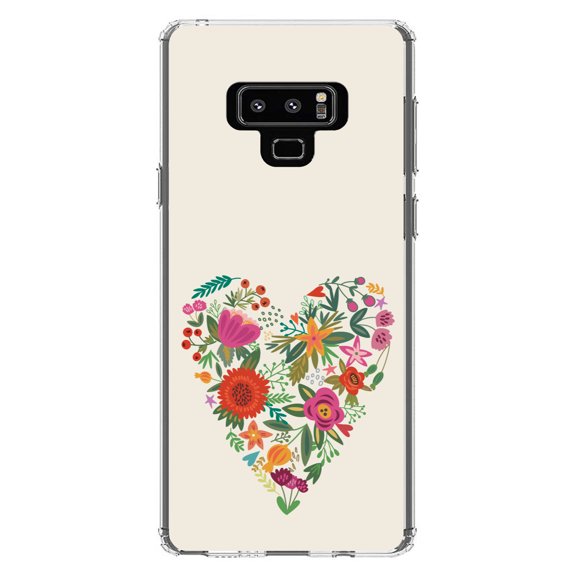 DistinctInk Clear Shockproof Hybrid Case for Samsung Galaxy Note 9 - TPU Bumper, Acrylic Back, Tempered Glass Screen Protector - Spring Collection - Floral Heart Green Red