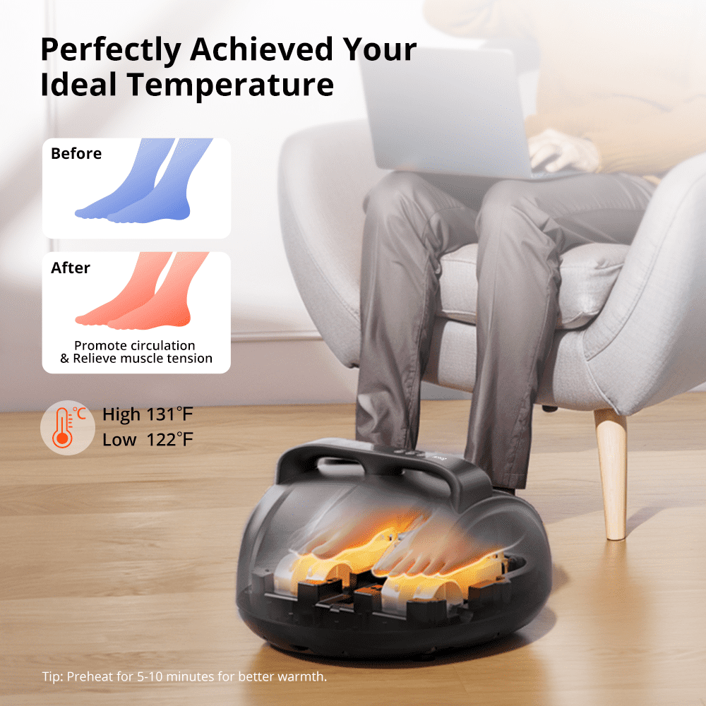 Foot Massager with Heat, Caveen Electric Shiatsu Feet Massage Machine with 3 Vibrations&9 Intensities, 6 Timing Options, Up to Size 13, Grey