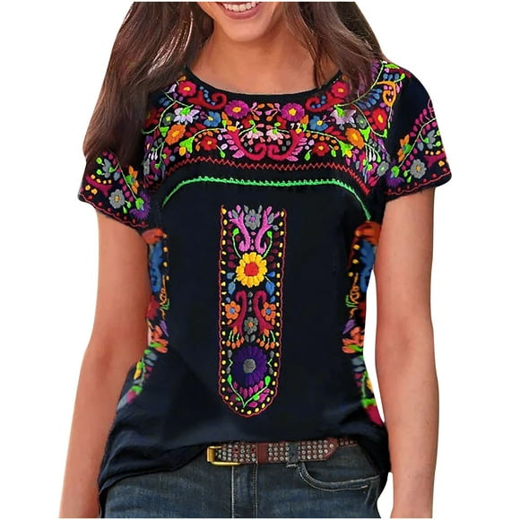 ZVAVZ Womens Summer Tops Embroidered Western Shirt Short Sleeve Crew Neck Mexican Shirts for Women Ethnic Style T Shirts
