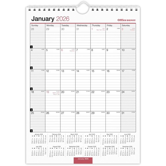 Office Depot Brand Monthly Wall Calendar, 8" x 11", White, January 2026 to December 2026, OD30132826