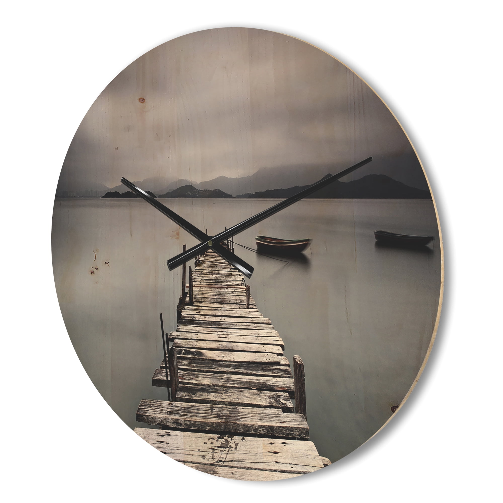 Designart 'Boats and Pier at Seashore' Modern Wood Wall Clock
