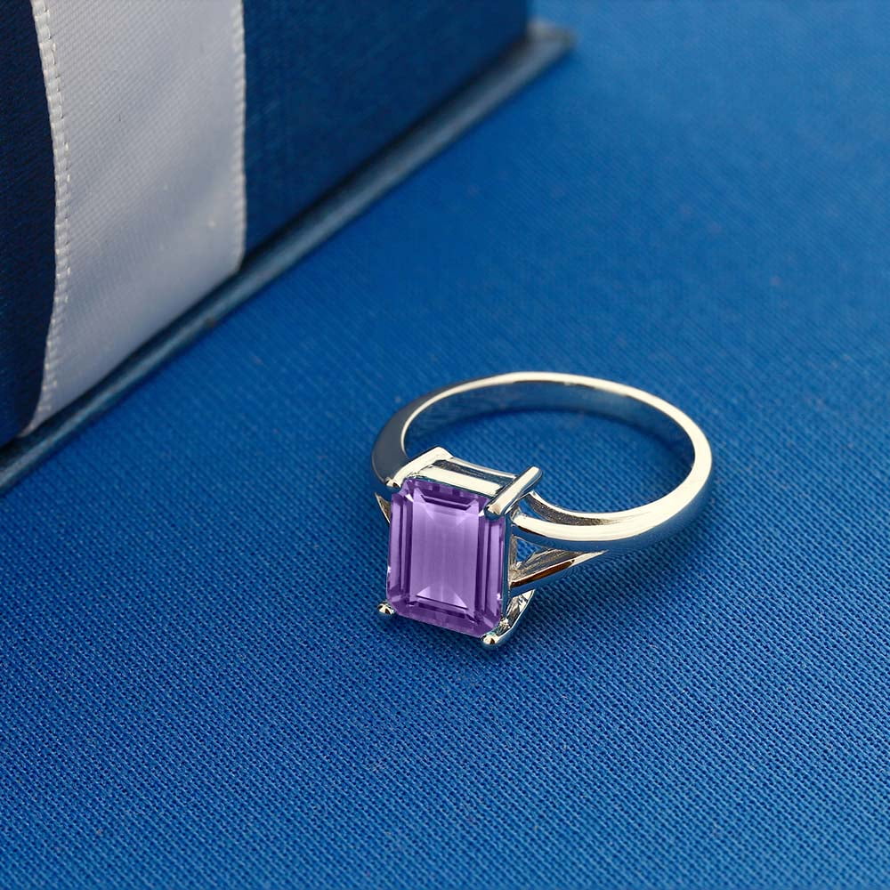 Gem Stone King 2.25 Cttw Purple Amethyst Solitaire Engagement Ring for Women | 925 Sterling Silver | Emerald Cut 9X7MM | Gemstone Birthstone | Available in Size 5, 6, 7, 8, 9