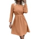 thumbnail image 1 of Vestido de manga larga con cuello redondo Fibra de poliéster Cintura alta con cinturón Vestido midi de color puro para boda Naranja XL, 1 of 7