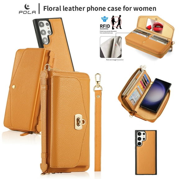 DeCase Crossbody Zipper Wallet Case for Samsung Galaxy S22 Ultra, Full Body Protectton Multifunction Purse Credit Card Holder，RFID Blocking Handbag PU Leather Shockproof Protective Cover, orange