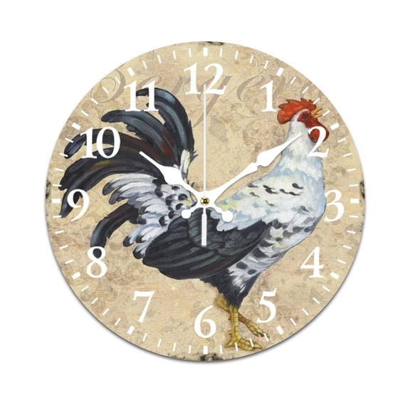 Wall Clock Silent without Ticking-Vintage Ink Farm Cock Pattern Funny Living Room and Kitchen Wall Clock, Battery Powered, Suitable for Home/Office/Bedroom