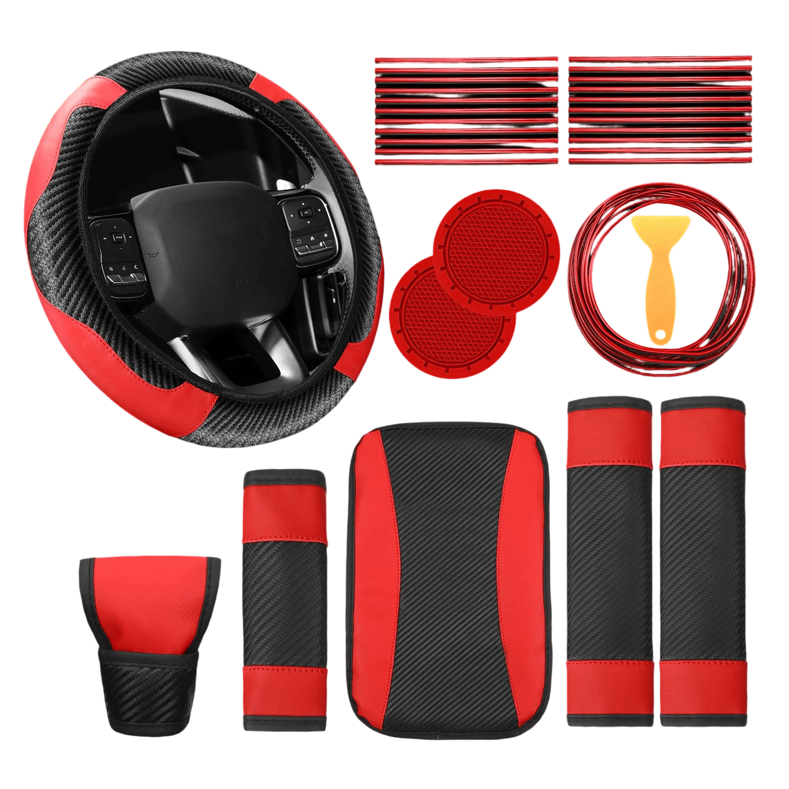 30Pcs Car Interior Accessories Set PU Leather Carbon Fiber Pattern Steering Wheel Cover for Women and Men with Armrest Pad Seat Belt Covers Cup Coasters Vent Trim strips, Red