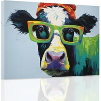 ZHONGYUTONG Animals with Glasses Wall Art Farm Animal Pictures Colorful Cow Canvas Painting Funny Cow Poster Nursery Children's Room Wall Decor (12.00" x 18.00")