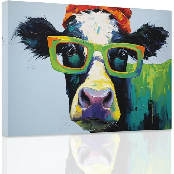 ZHONGYUTONG Animals with Glasses Wall Art Farm Animal Pictures Colorful Cow Canvas Painting Funny Cow Poster Nursery Children's Room Wall Decor (12.00" x 18.00")