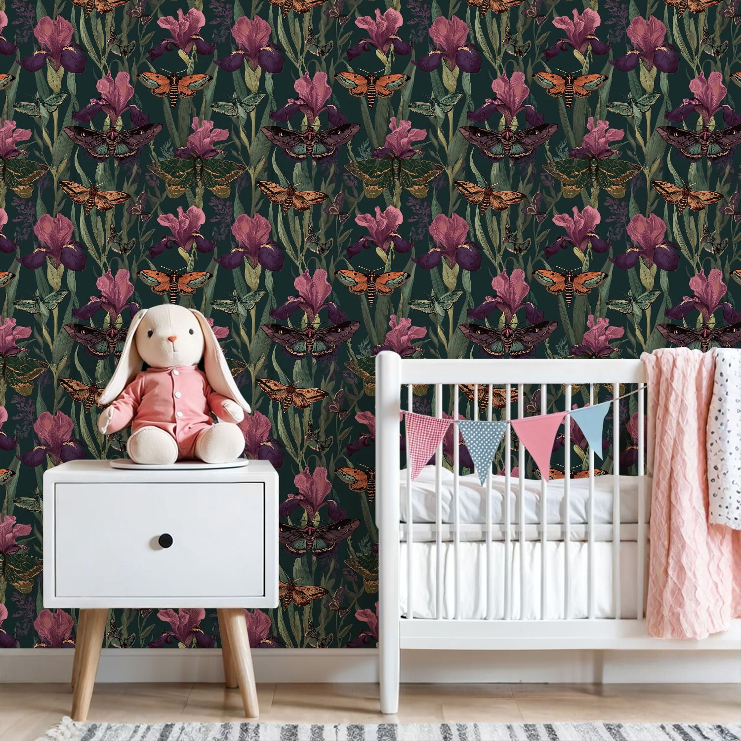 Peel and Stick Wallpaper Moths Butterflies Iris Flowers Dark Botanical Seamless Wall Mural 23.6in x 9.8ft Self Adhesive Removable Wall Paper Renter Friendly Wallpaper for Bedroom Nursery Living Room