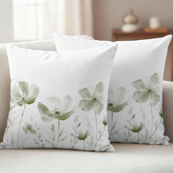 Pack of 2 Outdoor Pillow Covers 18x18 Inch Waterproof Sage Green Flowers Throw Pillow Covers,Decorative Couch Pillow Case Sham Watercolor Retro White Floral Leaves Patio Pillowcases Cushion Cover