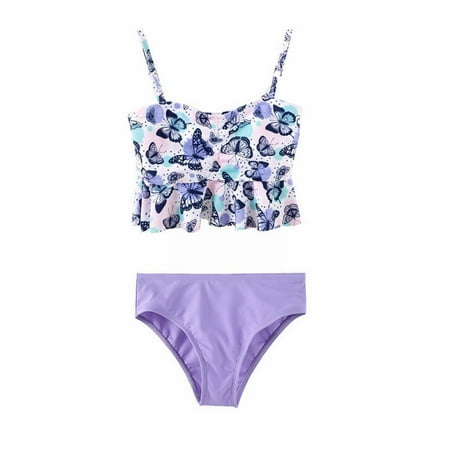 Toimothcn Girls Swimsuits Sleeveless Casual Butterfly Printed 2 Peice Bikini Set Quickly Dry Cover Up Swimwear 4-6 Years