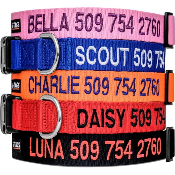 GoTags Personalized Dog Collar, Custom Embroidered Collar with Pet Name and Phone Number in Blue, Black, Pink, Red and Orange, for Boy and Girl Dogs or Cats, Adjustable Sizes, Small, Medium, and Large