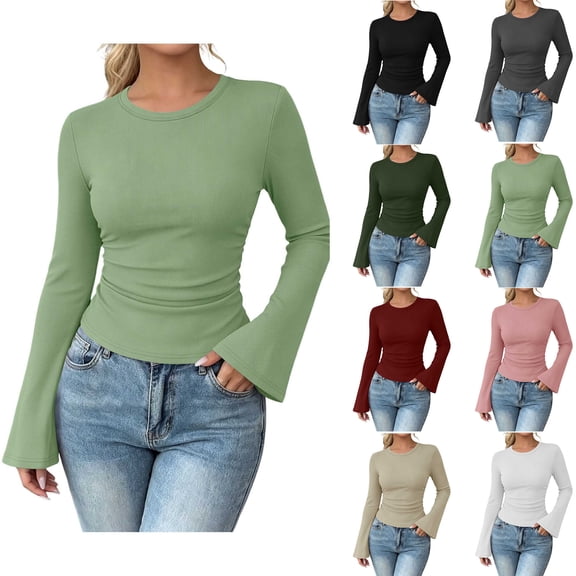 Womens Long Sleeve Shirts Zaewscy Women's Solid Color Sports Casual Long Sleeves Thread Ribbed Daily Top Green XXL