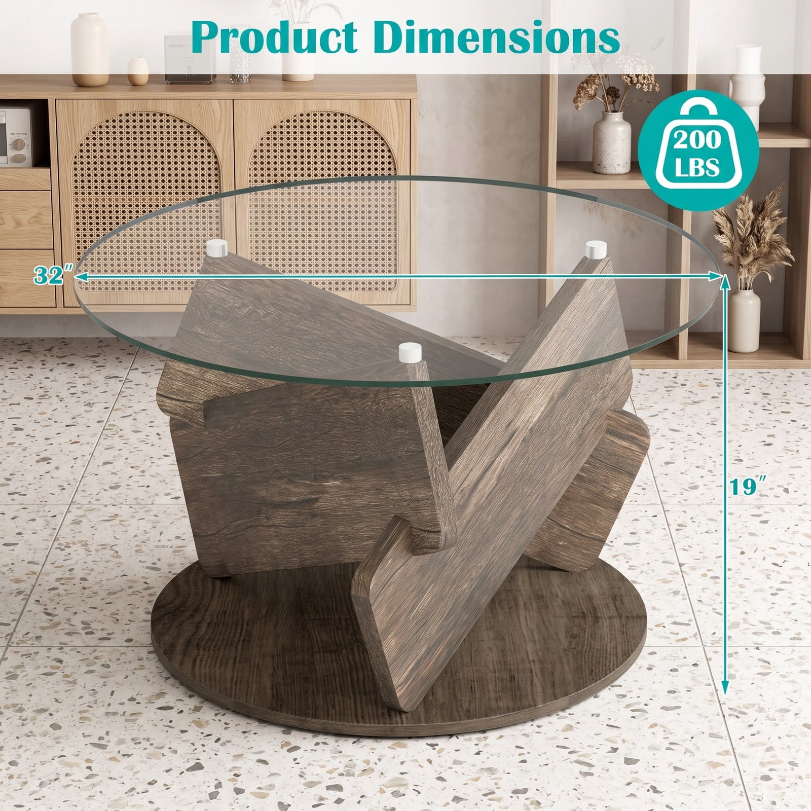 Furnibear Round Glass Coffee Table, 32 Inch Modern Center Table with Tempered Glass Top and Solid Rubberwood Base for Living Room Office Reception, Gray