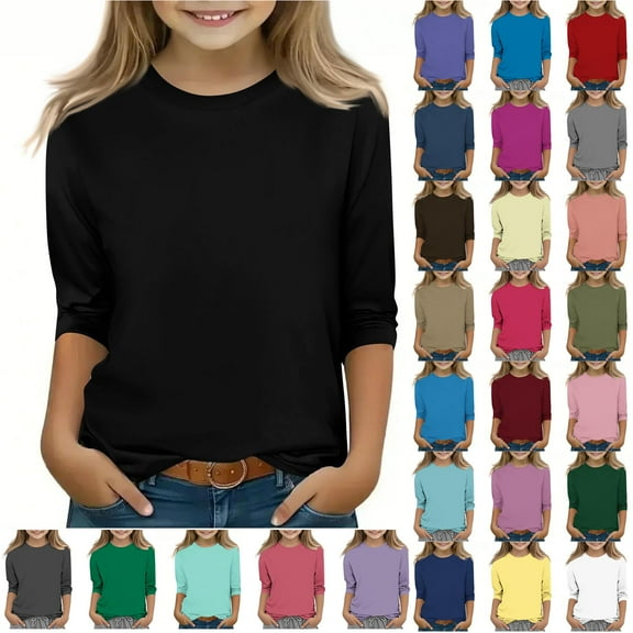 JTSRKL Cute Kids Girls 3/4 Sleeve Tops Dressy Casual Spring Fashion Crewneck Basic Tunic Tees Loose Comfy Pullover T-Shirts Trendy Teens Soft Cotton Blouse Light Blue 110