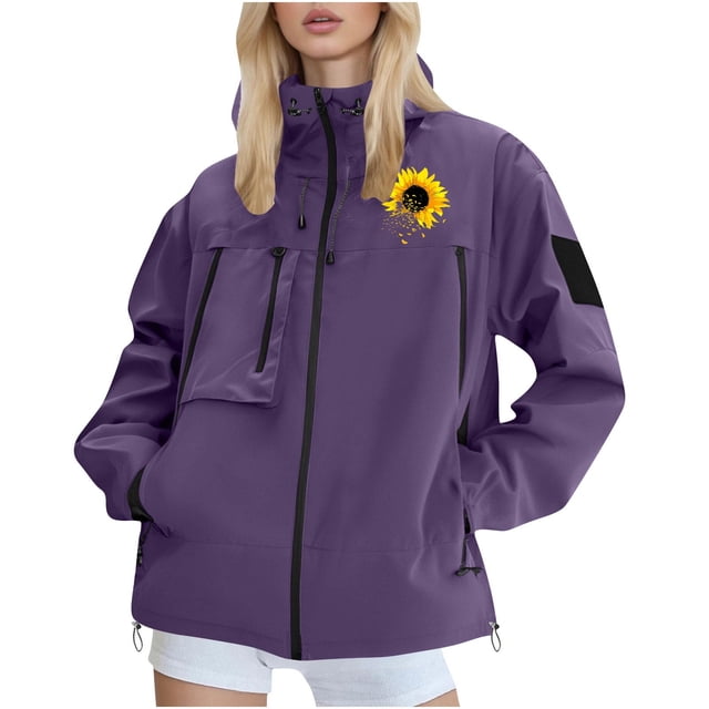 Enjoytime Manteau de Pluie Femme Imprimé Manches Longues Imperméable Respirant Mince Imperméable avec Capuche Voyage Randonnée Plein Air Coupe-Vent Violet G