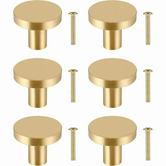 6pcs Round Solid Brass Cabinet Knobs, Gold Drawer Handles with 6 Screws for Wardrobe and Dresser
