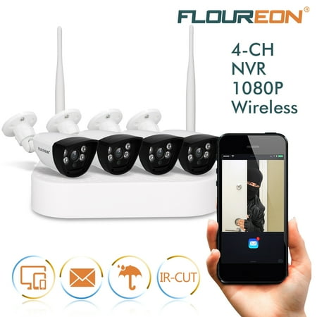 FLOUREON 4CH Wireless CCTV 1080P DVR Kit Outdoor Wifi WLAN 720P 1.0MP IP Camera Security Video Recorder NVR System