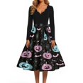 thumbnail image 4 of Women's Halloween Dress Bat Spider V Neck Hepburn Cocktail Casual Dresses Long Sleeve 1950s Classic Vintage Dress with Belt M, 4 of 5