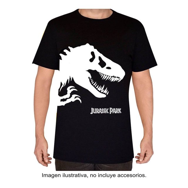 playera jurassic world para niño juvenil, de algodón manga corta diseño fosil t-rex blanco con negro talla 16 Camiseta negra de algodón con cuello redondo y estampado frontal blanco de cráneo T‑Rex y texto 'Jurassic Park'; manga corta, corte recto, para uso diario y fácil de combinar.