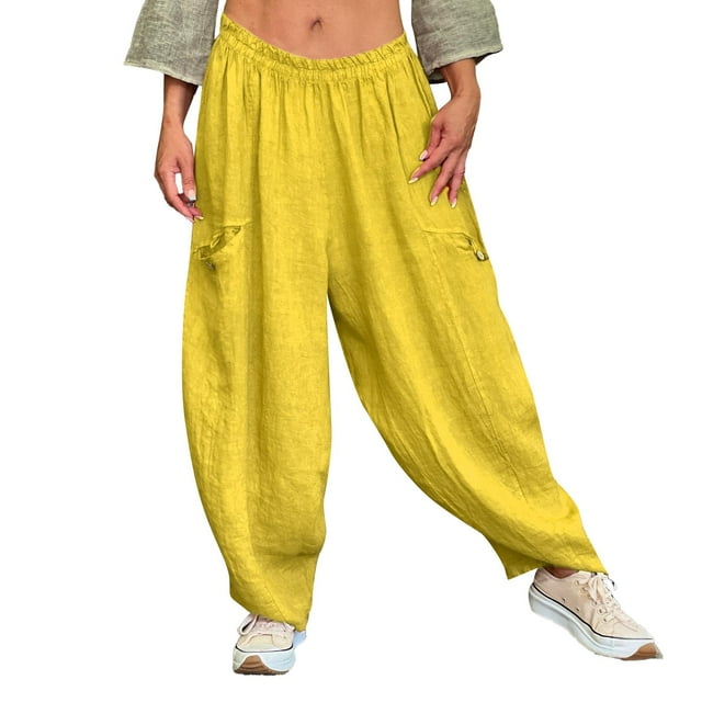 Pantalones holgados de cintura alta lisos de moda para mujer: pantalones largos informales, bolsillos, poliéster-spandex, tallas S-XXXL