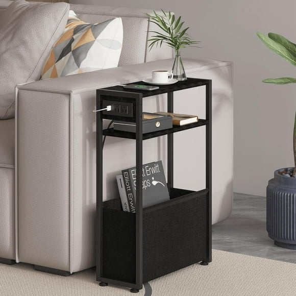 Narrow Side Table, Slim End Tables with Fabric Basket, Skinny Table for Small Spaces, Thin Bedside Table for Living Room, Bedroom (1, Black - Outlet)