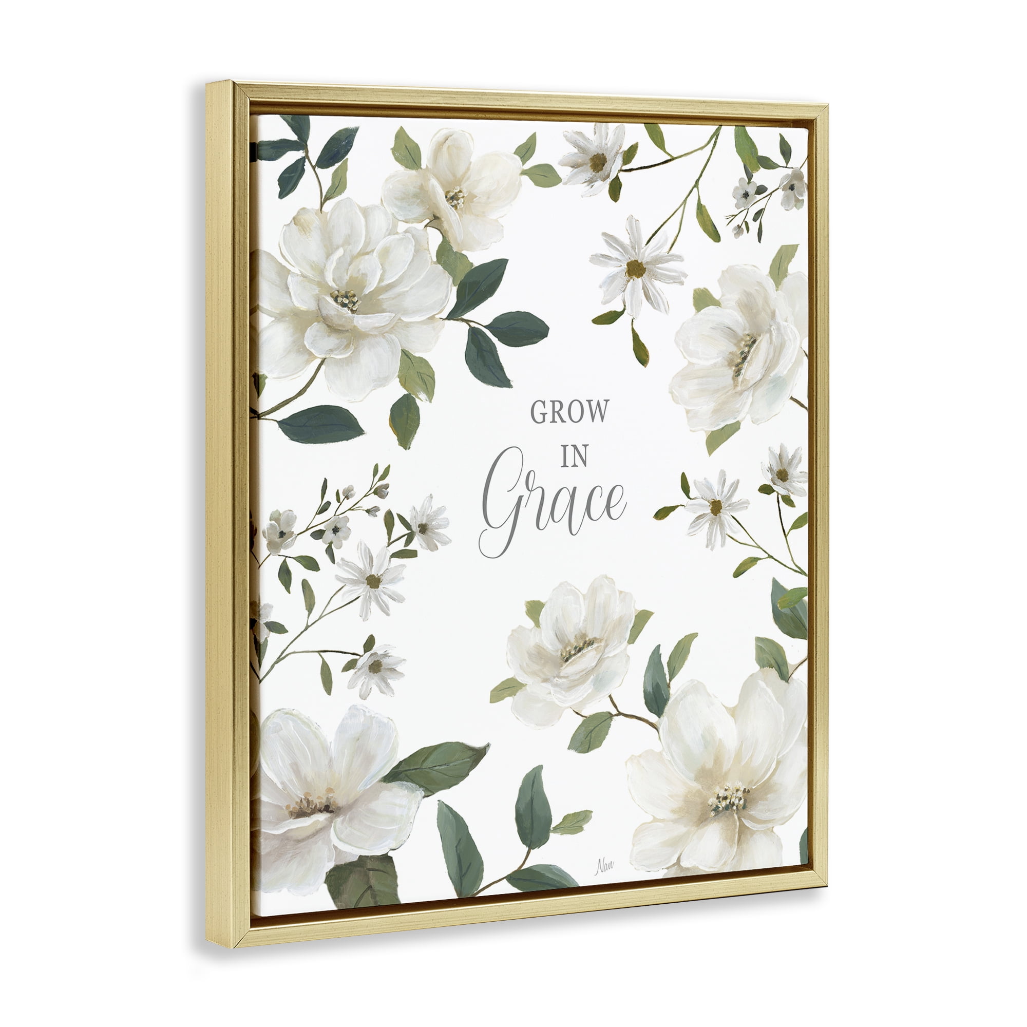 Stupell Industries Floral Grow In Grace Gold Framed Floater Canvas Wall Art, design by Nan