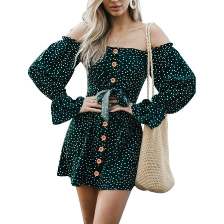 - JustVH Women's Off Shoulder Spot Printed Long Puff Sleeve Swing Dress with Decorative Button