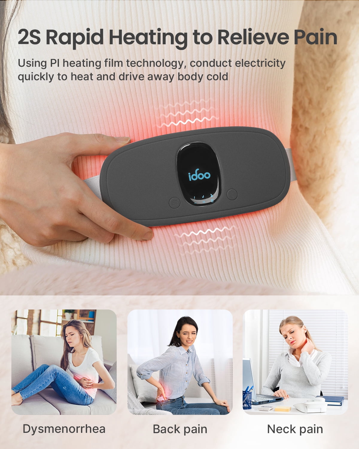 iDOO Cordless Heating Pad for Period Cramps, 3 Heat Setting, 3 Massage Modes,Birthday Mothers Day Gifts for Girlfriend Mom Wife Women, FSA HSA Eligible, Grey